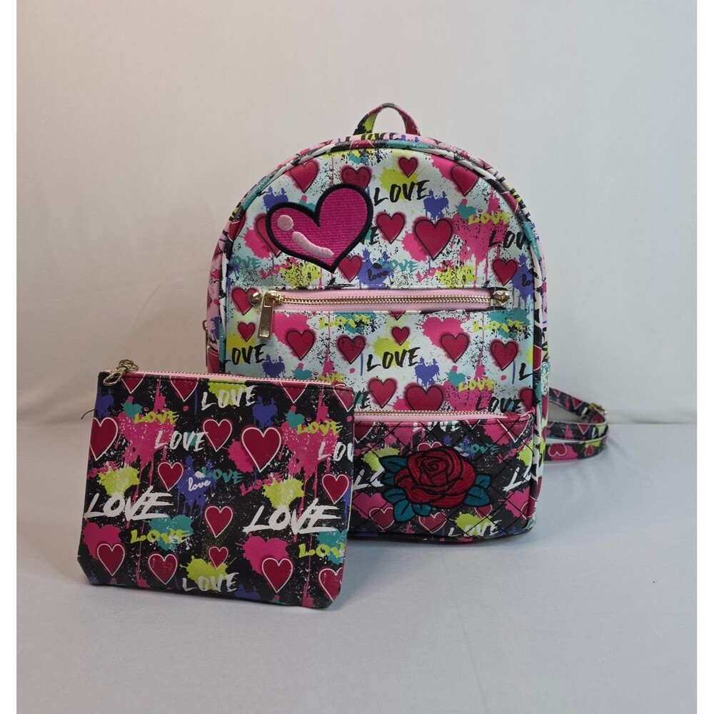 Under One Sky Love Heart Mini Backpack & Matching Zip Pouch Pink Graffiti Bag